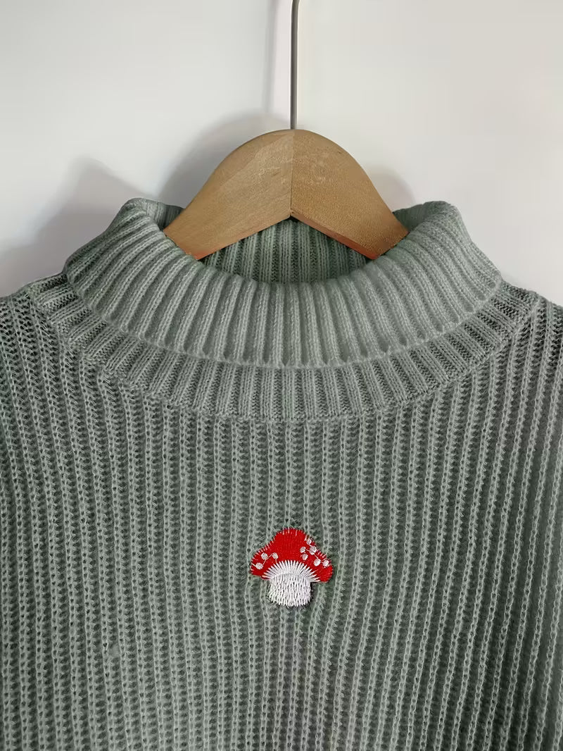 Elegant Mushroom Embroidered High Neck Sweater 🍄