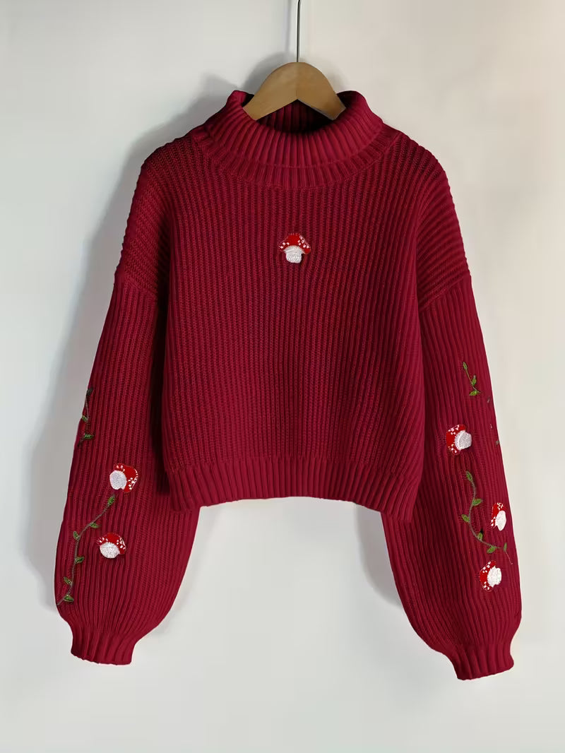 Elegant Mushroom Embroidered High Neck Sweater 🍄