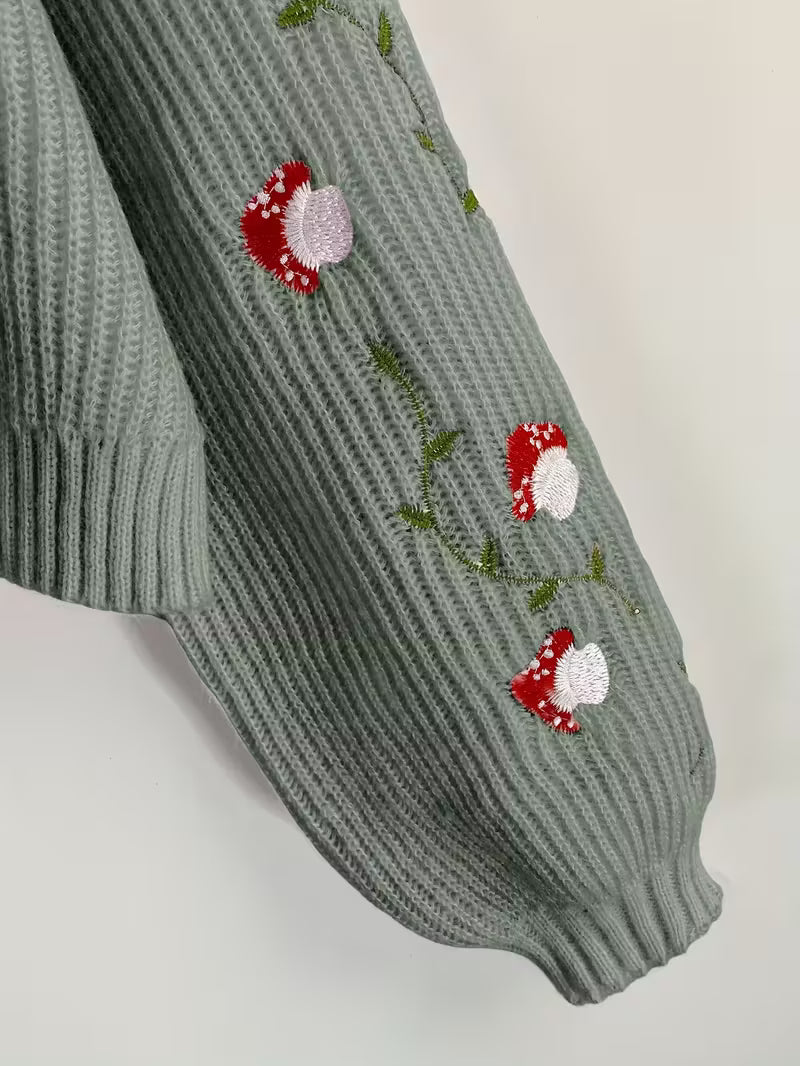 Elegant Mushroom Embroidered High Neck Sweater 🍄