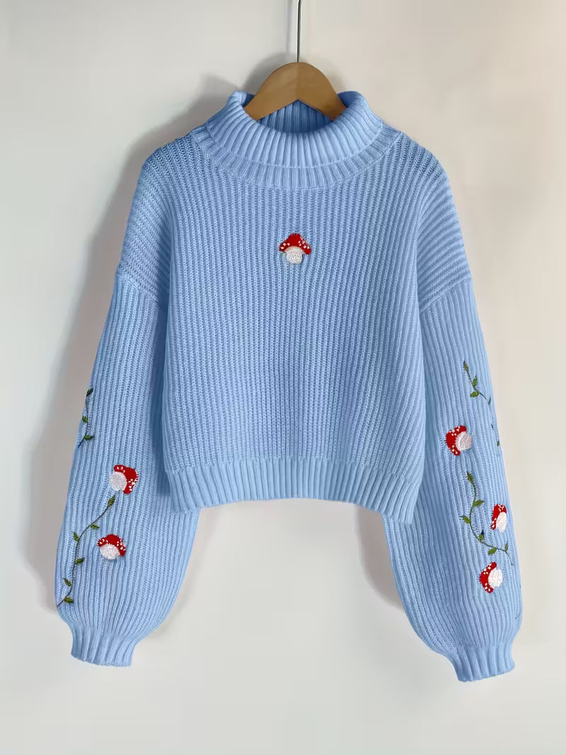 Elegant Mushroom Embroidered High Neck Sweater 🍄