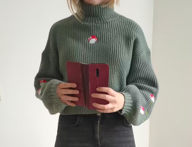Elegant Mushroom Embroidered High Neck Sweater 🍄