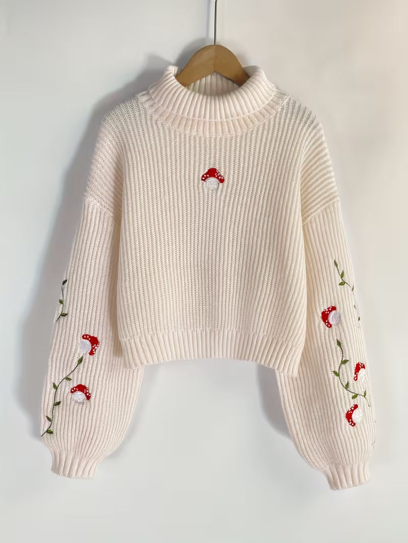Elegant Mushroom Embroidered High Neck Sweater 🍄
