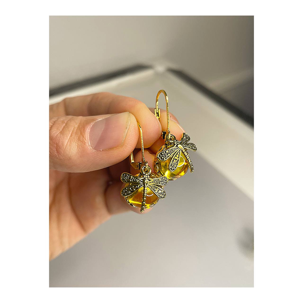Vintage Bohemian Dragonfly Earrings: Glass Beads and Brass Charm